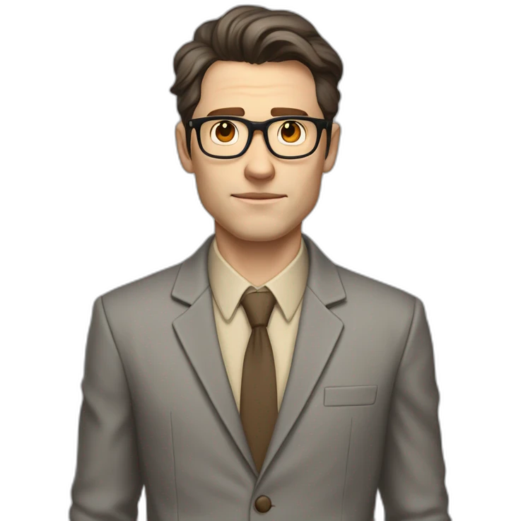 Full height Pale skinned Fit Man With dark brown hair in gray jacket, beige office shirt, tie, Brown pants and vintage glasses. Thrumbs of his palms directed up emoji