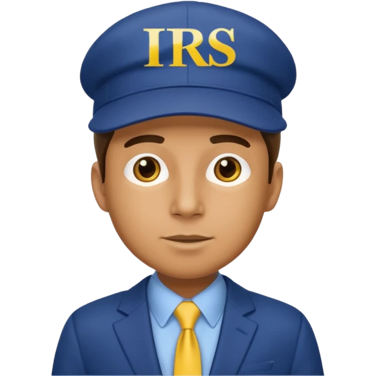 a man dressed in a blue suit with a cap on that says IRS in yellow letters emoji