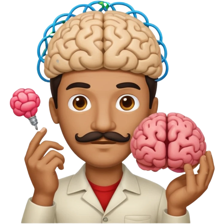 mustachioed man with dark hair holding a brain as an emoji no curl to mustache  emoji