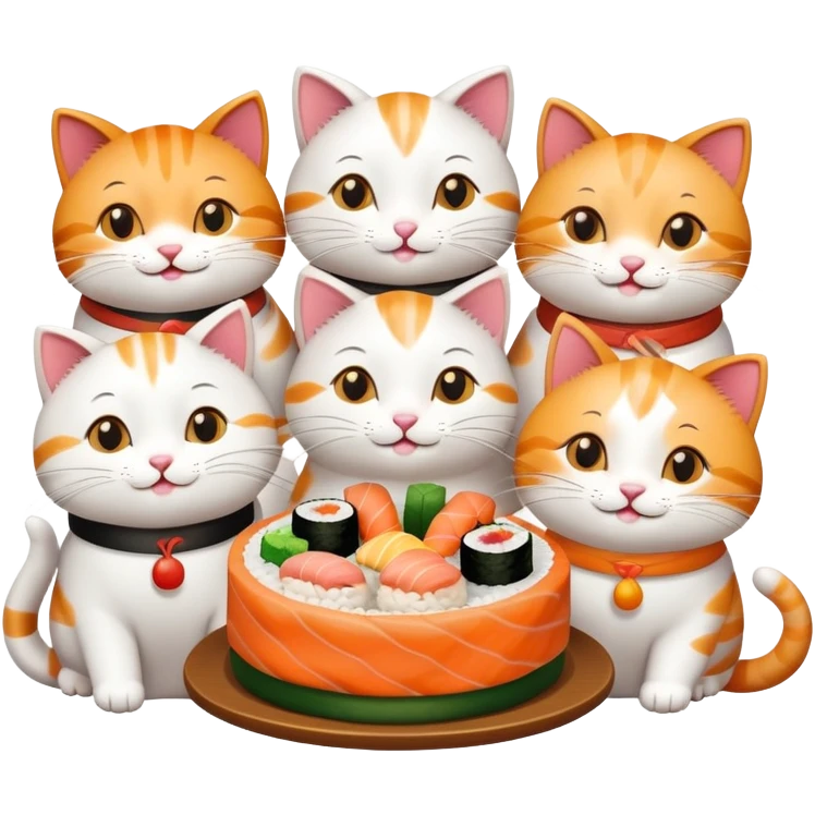 6 happy cats enjoying a sushi birthday party emoji
