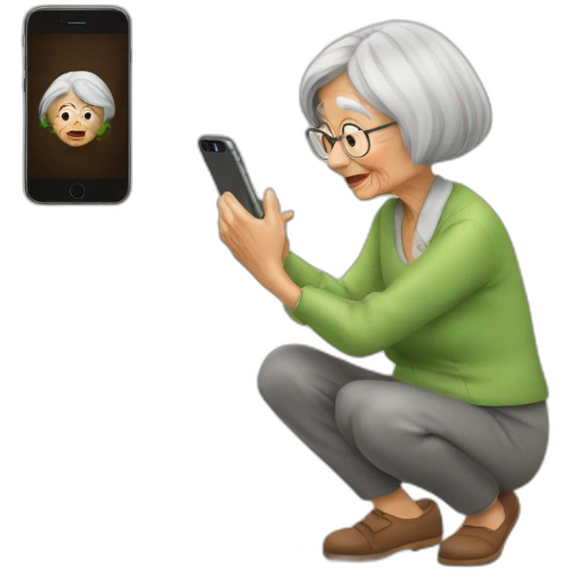 Old woman take picture of dog poop with iPhone  emoji