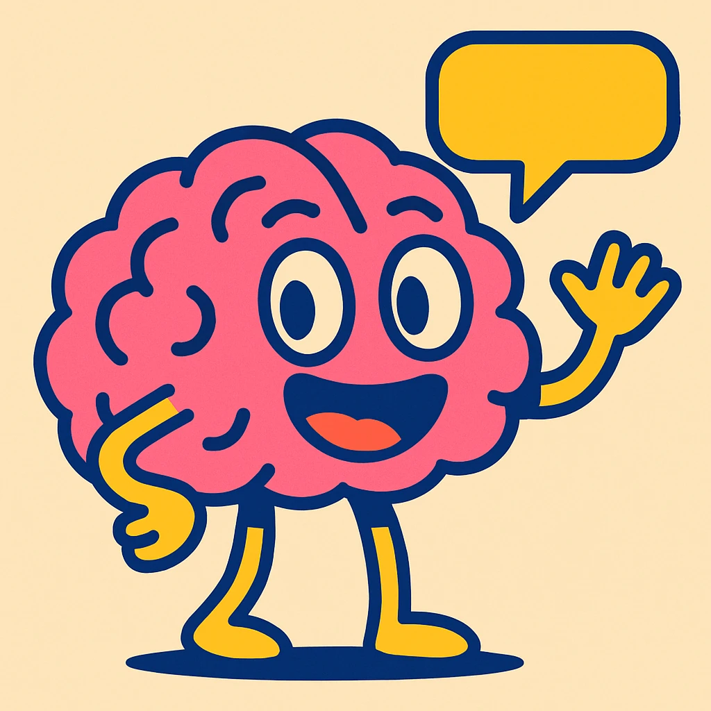 a talking brain, cartoon style, bright colors, joyful expression emoji