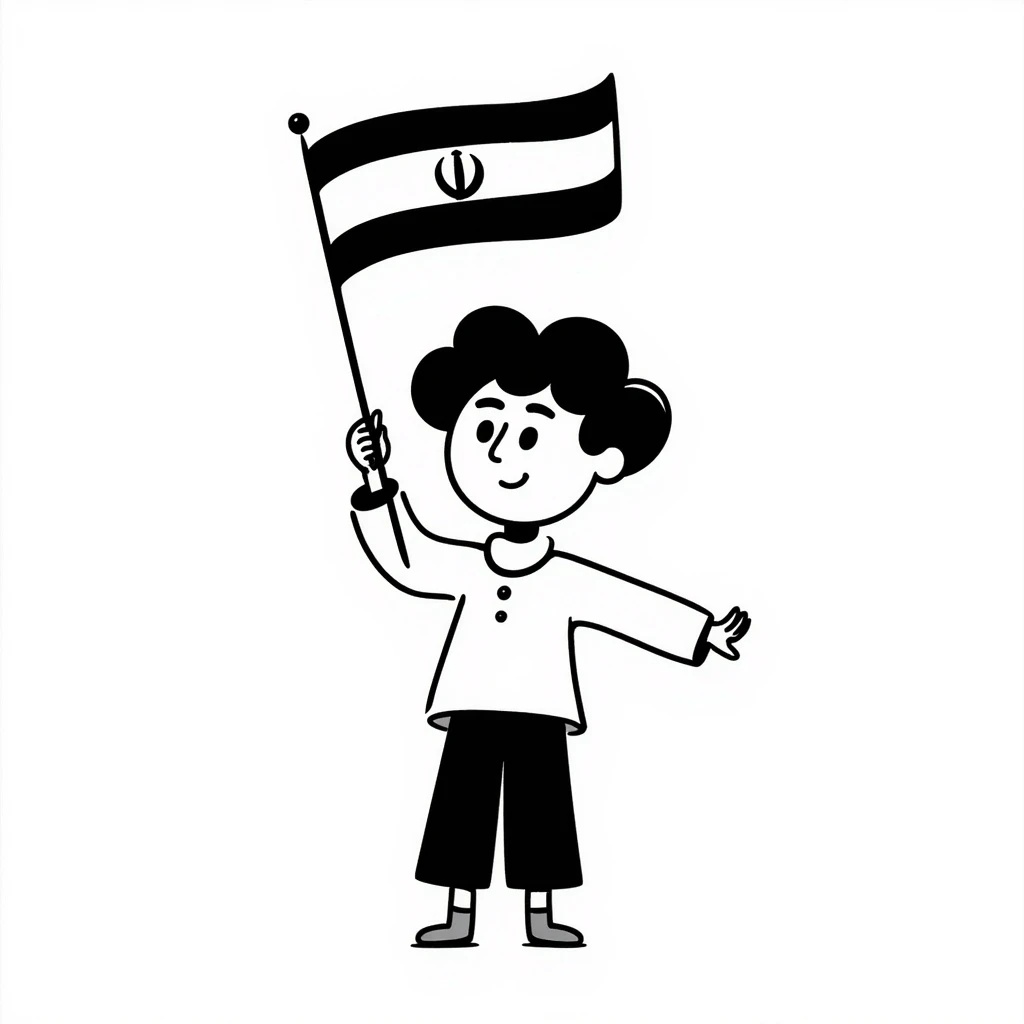 A boy holding the Iran flag, black and white doodle. emoji