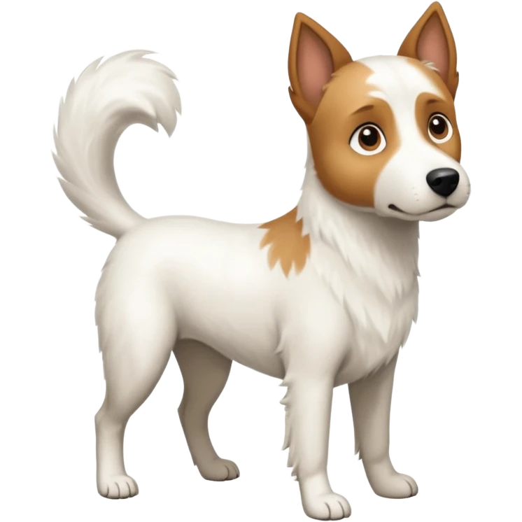 a full body large white parson russell looking dog the size of a kelpie with light brown flopped down ears and a light brown patch on one eye and a large snout emoji