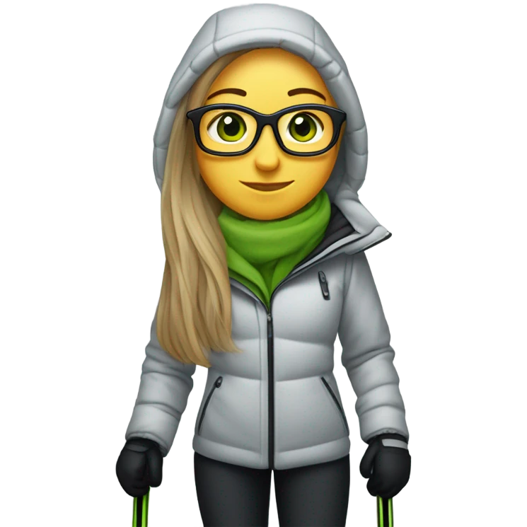 Green-eyed, slightly overweight female skier with long straight hair, glasses, light grey snow jacket, long black pants, black only snow boots, wearing black skis standing tall. emoji