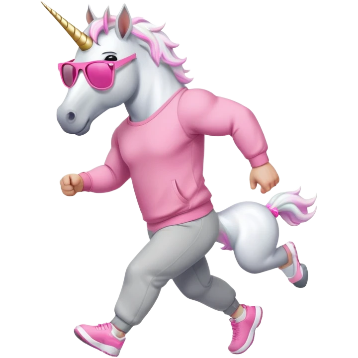 friendly anthropomorphised male white unicorn with a fit, chunky, muscular and strong physique, white arms and legs, wearing grey tracksuit pants and pink jumper, sunglasses, walking quickly emoji