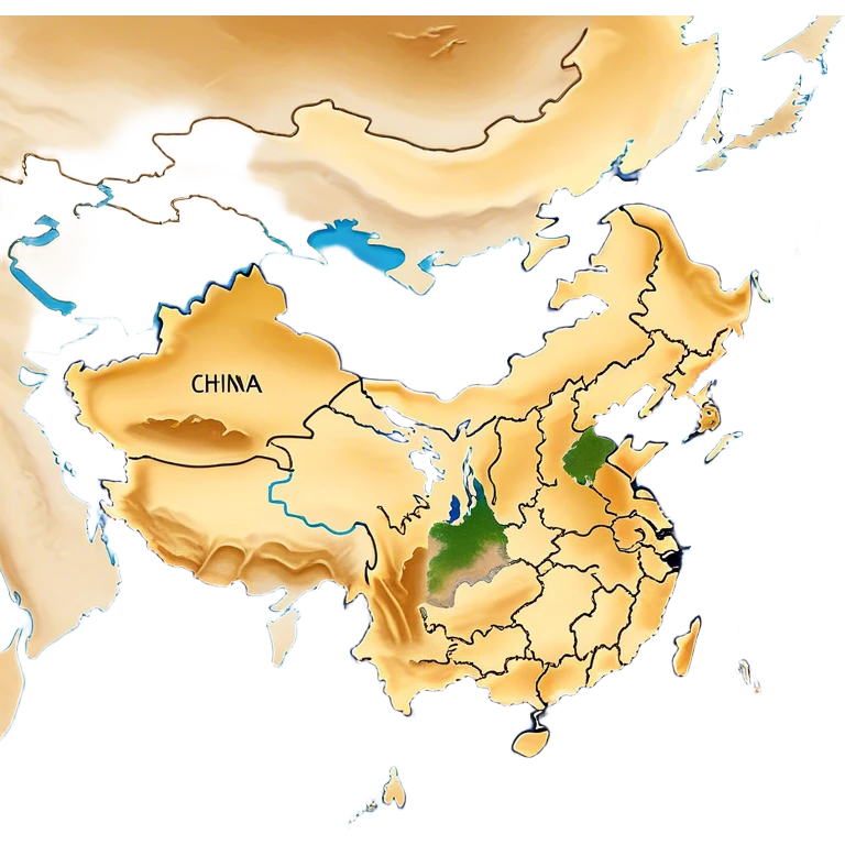 Cinematic-realistic outline of china, featuring its distinct landmass with accurately defined coastlines. The deep blue ocean surrounds the golden-brown continent, with subtle topographic shading to highlight its terrain. A soft glowing effect enhances the edges, making the shape stand out against a neutral, textured background. emoji