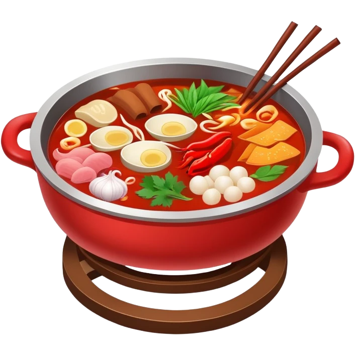 Sichuan Hot Pot with spicy red broth and ingredients, simplified emoji style with bold outlines and bright colors, cartoon style traditional Chinese divided hot pot emoji