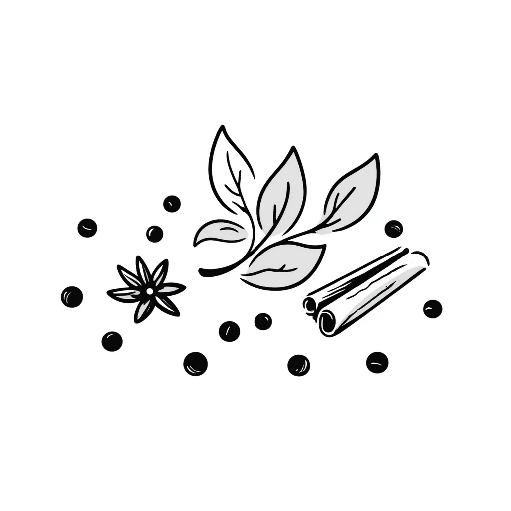 Hand-drawn collection of spices including peppercorns, bay leaves, cinnamon sticks, and star anise emoji