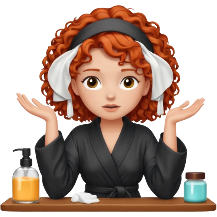 Cartoon emoji of a girl with voluminous curly red hair, fair skin, warm brown eyes. Wearing a chic milky silk robe with long sleeves, no makeup. Sitting at a vanity full of skincare products, holding her head with both hands, unsure which to choose. Smooth, simple, stylized." emoji