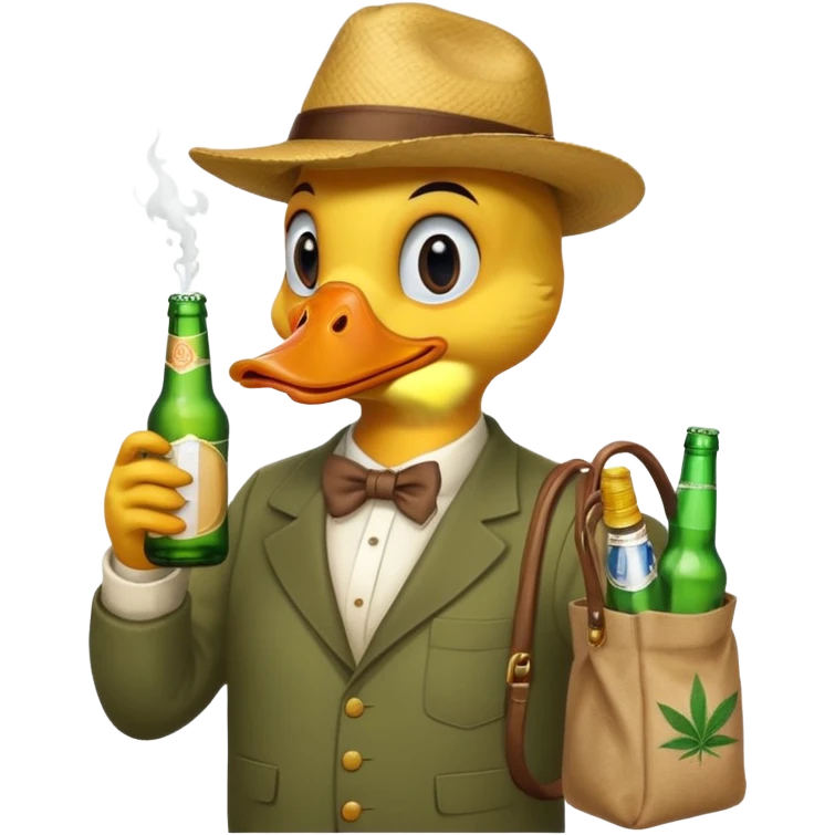 Drunk and high duck animal holding beed bottle and a bag of weed emoji