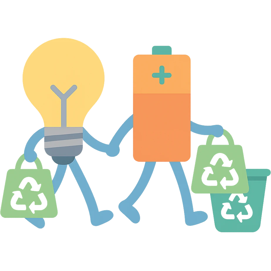 a lightbulb and a battery holding hands, each carrying bags to recycle, walking together toward a recycling bin emoji