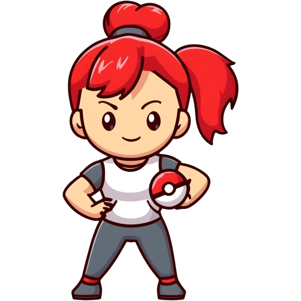 female pokemon trainer with red hair in a ponytail, holding a pokeball, confident pose emoji