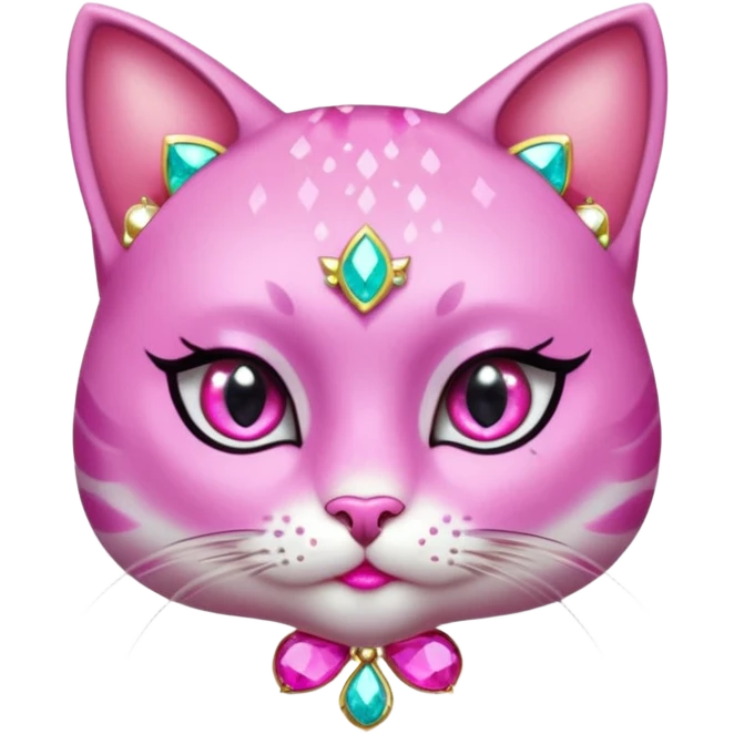 glamorous cat portrait, head and shoulders only, exaggerated pink makeup, bright eyeshadow, long eyelashes, shiny blush cheeks, sparkling face gems, glitter accents, elegant earrings, fantasy beauty style, cute 3D cartoon, mobile game icon style, clean background, no text, no watermark
 emoji