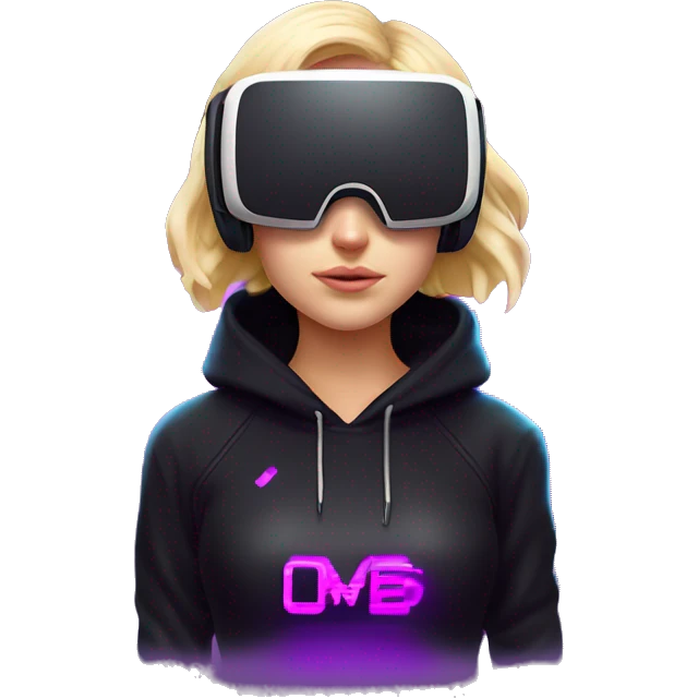 Russian cute blond student girl wearing black hoody with violet letters "OMG", in vr headset. No eyes. Cyberpunk style. Violet neon. emoji