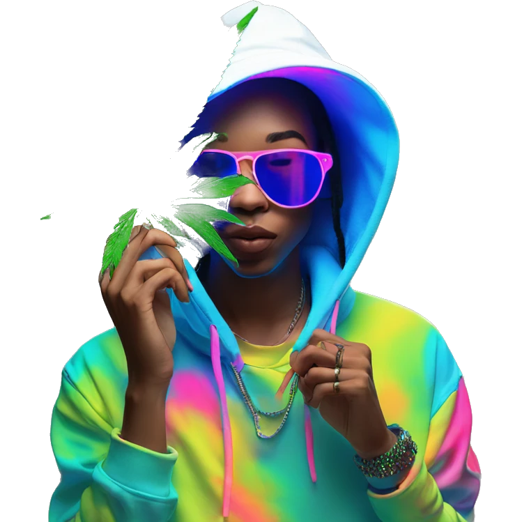 Hemp leaves Multicoloured neon person smoking wearing hoodie dancing hip hop bucket hat tropical Skater fashion aesthetic baggy clothes graphic t shirt 420 emoji