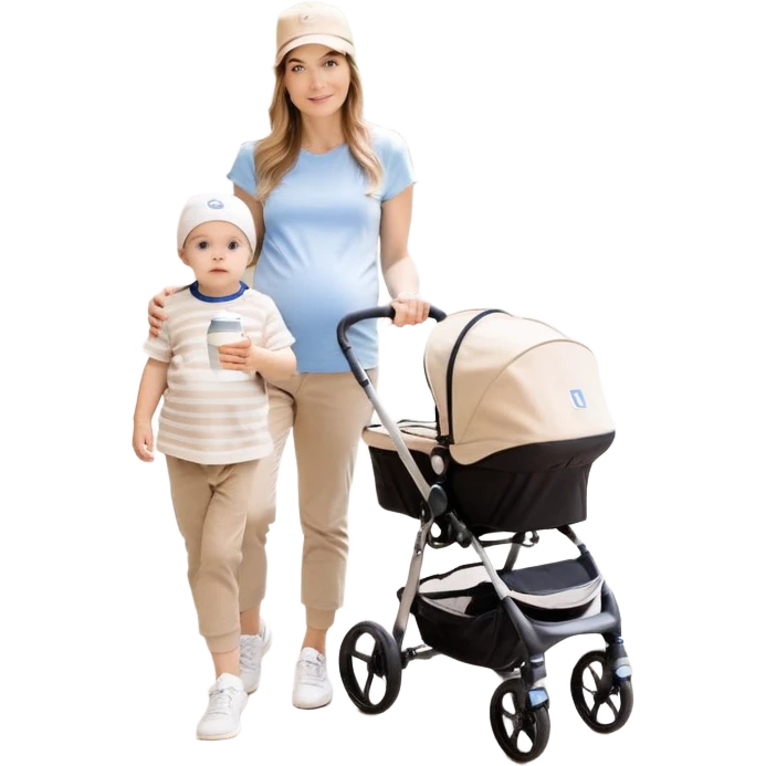 A mom with a brown stroller, a coffee cup attached to it. Inside, a 6-month-old baby boy with light brown hair and blue eyes. The mom is wearing a beige T-shirt and a matching beige cap. The baby is dressed in white sneakers, a white and blue striped T-shirt, and jeans emoji