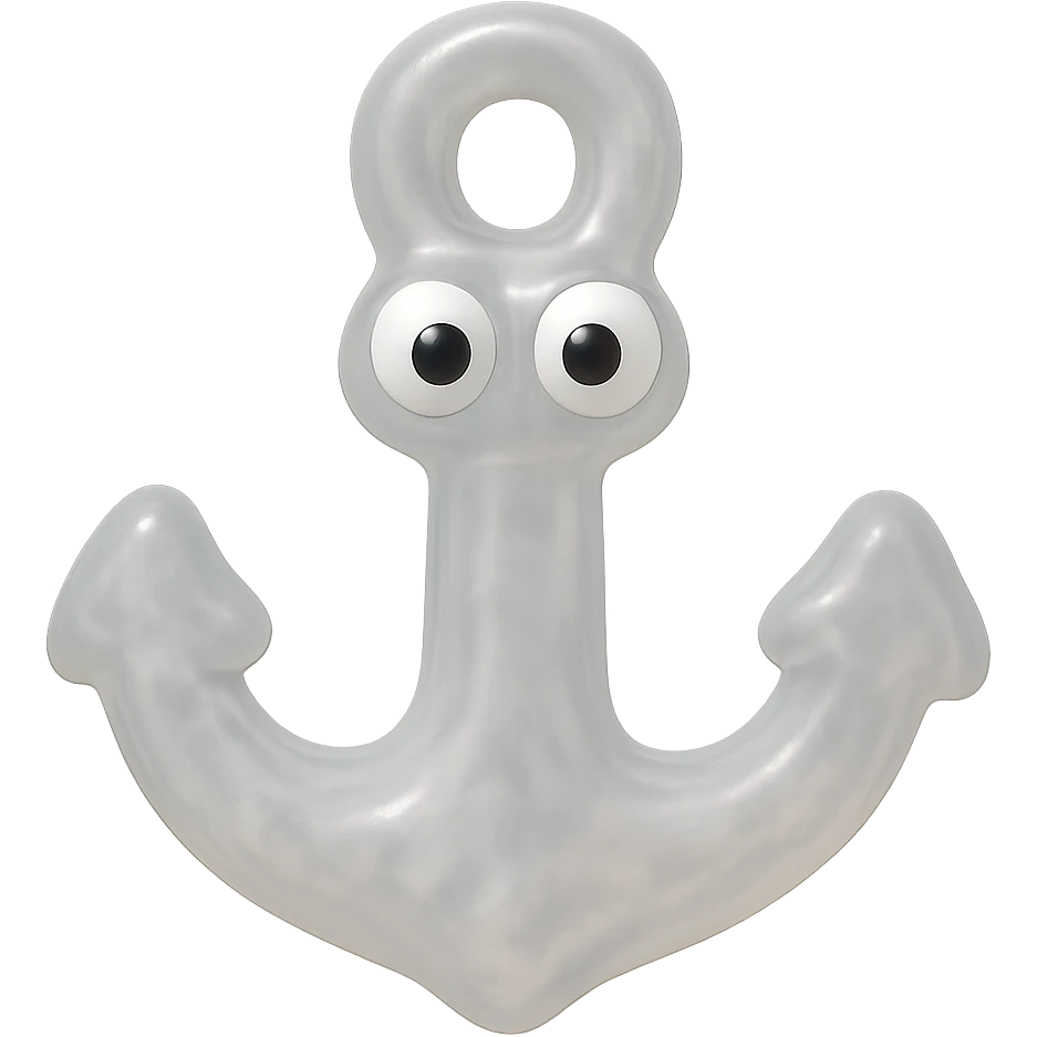 Make the anchor even more transparent and slightly see-through, keeping the natural metallic gray color, in a retro 90's toy style with derpy eyes, soft plastic texture, soft reflections, soft and squishy appearance, some cloudiness, not shiny, highly detailed and appealing. Remove any tags and background. emoji