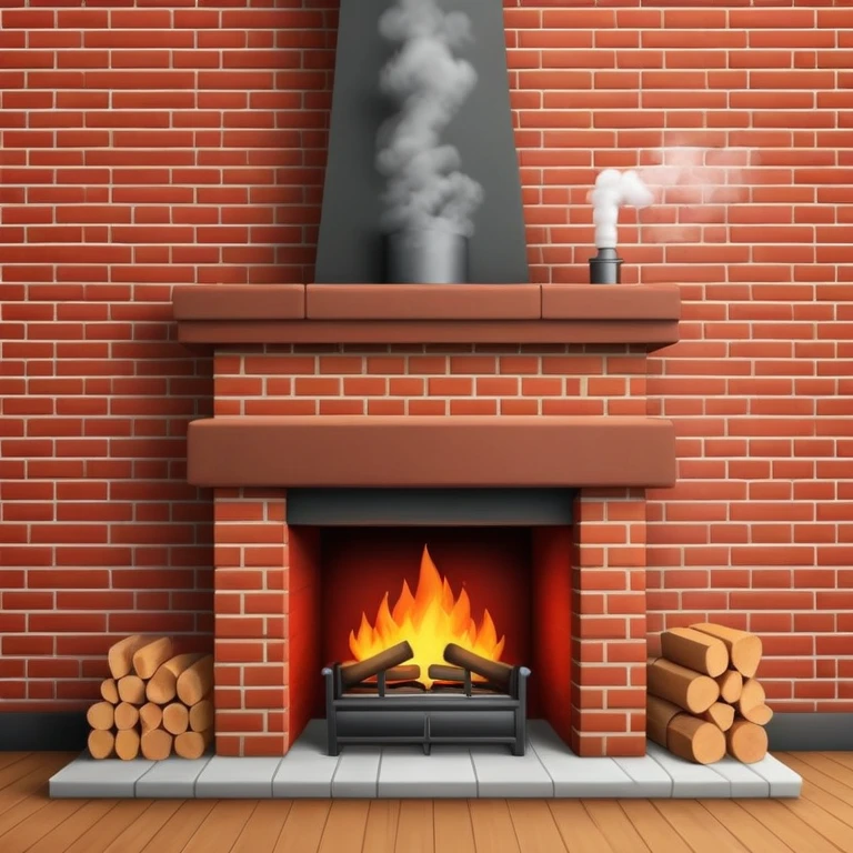 cozy red brick fireplace with a tall chimney and smoke rising from the chimney emoji