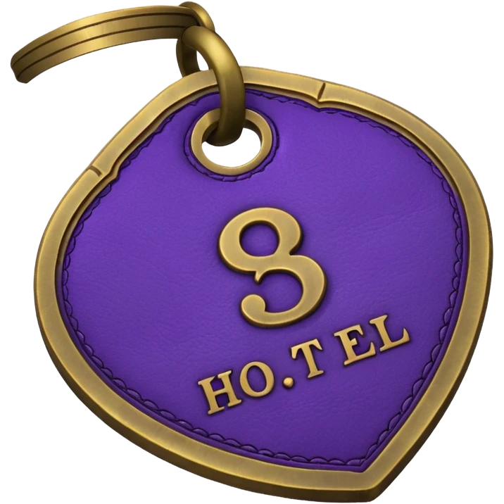 antique brass hotel key with large purple leather room number tag emoji