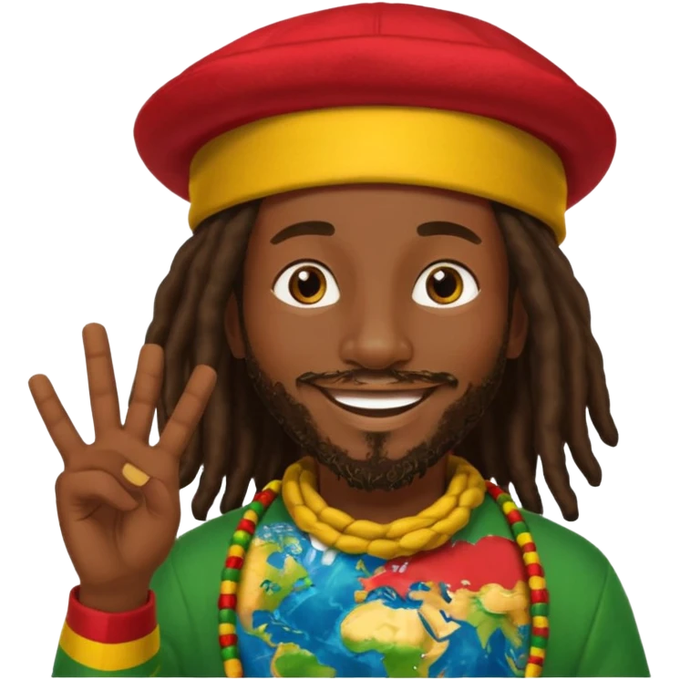 A rasta man bigging up di whole world 🎯🌍👊🏾👊🏻👊🏿🌍🎯 reggae vibes 🎶, love and unity ✨💛💚❤️, every nation stand strong 🇯🇲🌐 with the world in his hand emoji