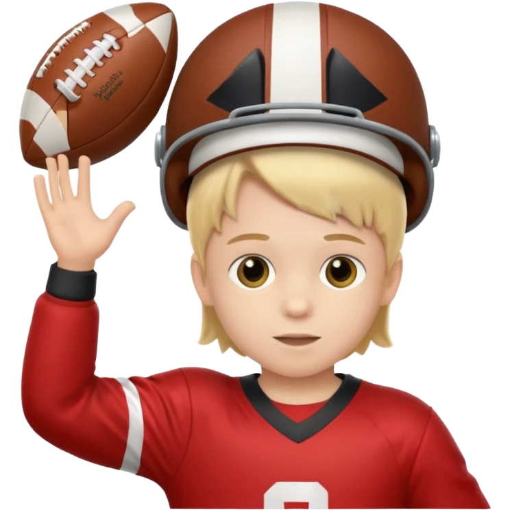A child stands in a football costume, holding an actor's hat emoji