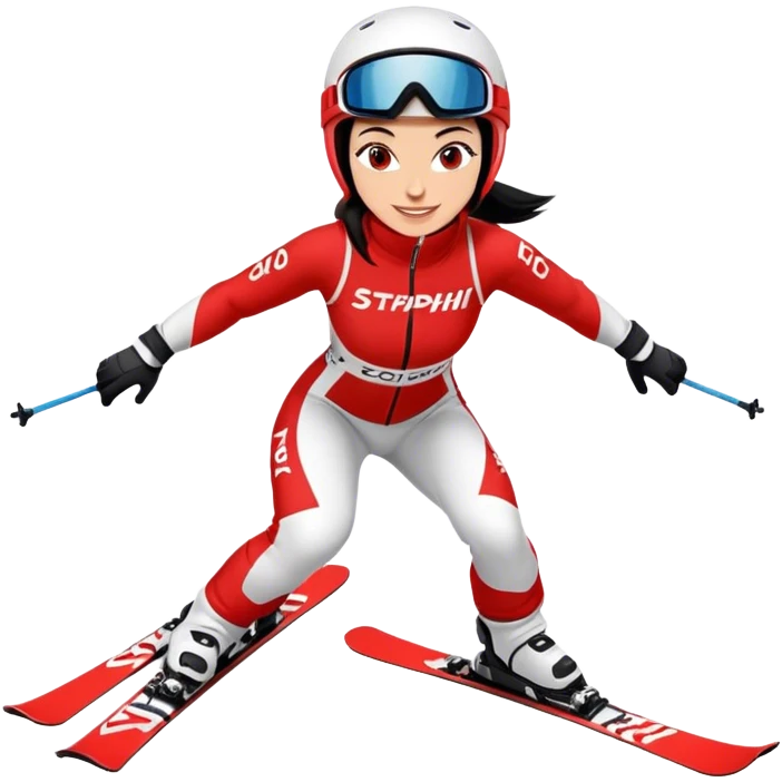 Ski racer downhill squat woman red white dress Stephanie Venier lettering Ski Head lettering black hair smile emoji