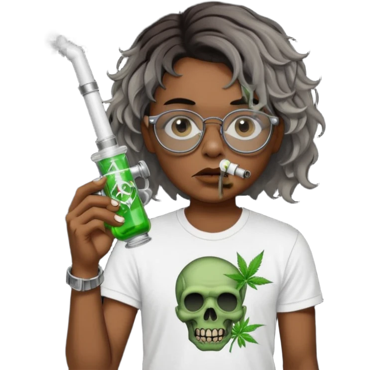 brown short wavy haired zombie getting stoned with weed t shirt and bong on his hand and wearing black chrome hearts bifocals emoji