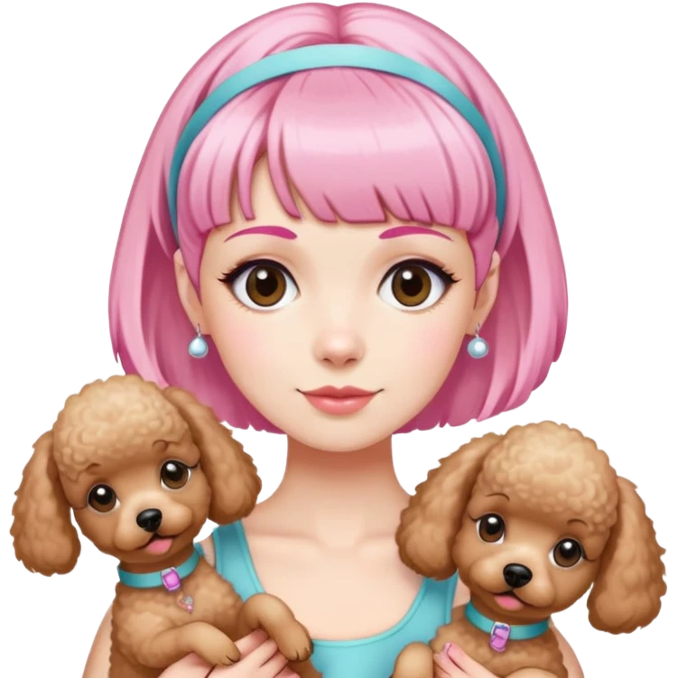 short pixie bangs platinated woman pink hair band，fair-skinned ,no earringsholding two poodles emoji