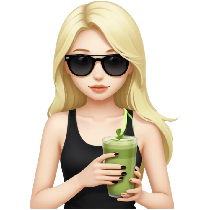 Blonde girl with pale skin and long hair with black sunglasses in black tank top and matcha latte emoji