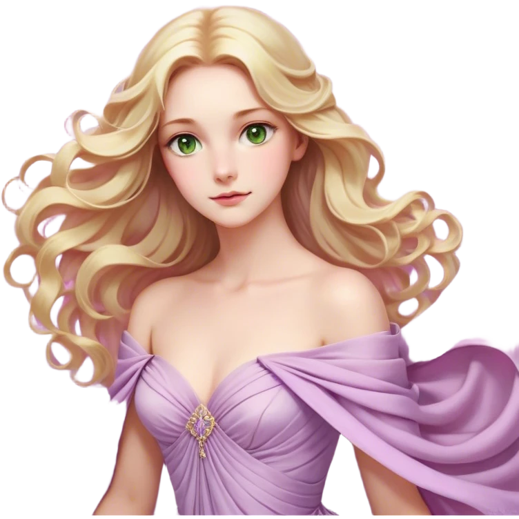 Cinematic Realistic Rapunzel Portrait, with porcelain-like skin featuring a subtle, natural glow, illuminated by soft lighting that brings out the gentle contours of her face. Her long, golden blonde hair cascades in detailed waves, each strand highlighted with a radiant shimmer as it catches the light. She playfully holds a flower in one hand, her other hand resting casually in her lap, with a warm and spirited expression. Her bright, expressive green eyes exude curiosity and warmth, framed by delicate lashes and soft, arched brows. She is dressed in her classic lavender and pink gown, the fabric textured with delicate folds that flow naturally, catching the light with a soft, radiant glow. The portrait captures a luminous, enchanting aura, seamlessly blending realism with a whimsical, fairytale charm, evoking a timeless sense of beauty and magic. emoji