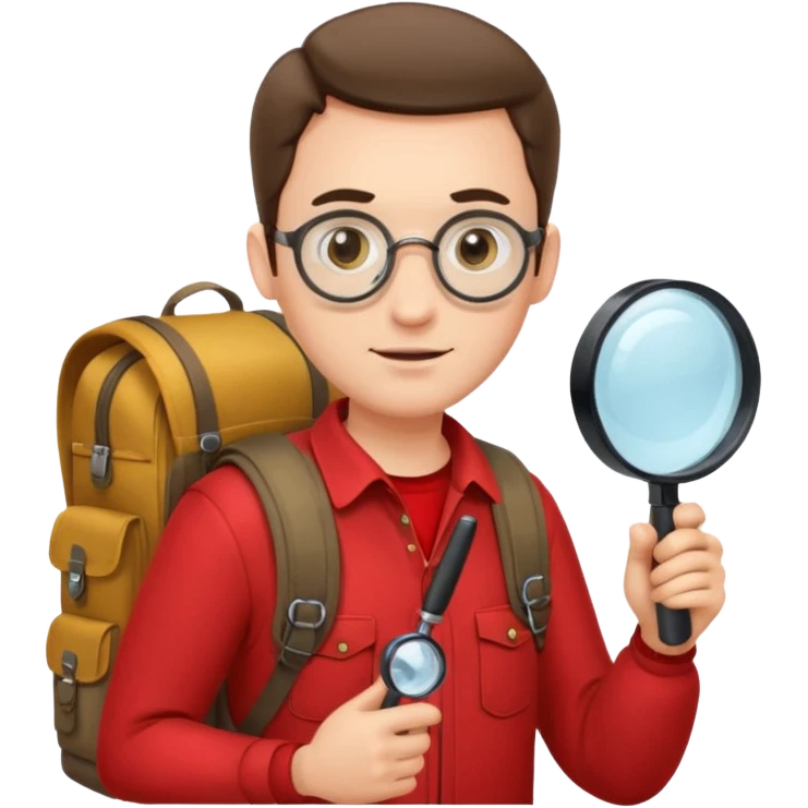 Explorer man with red shirt backpack and magnifying glass emoji