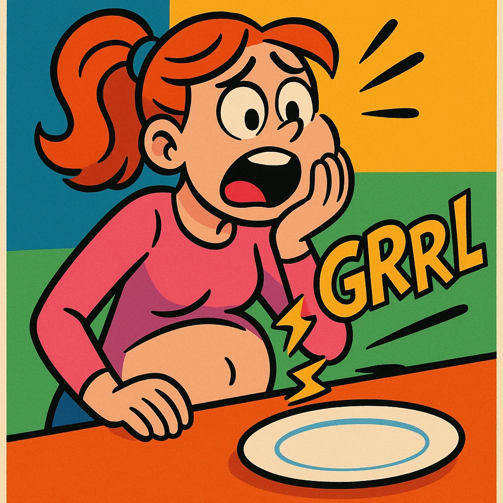 cartoon of a woman with a hungry expression, empty plate in front, exaggerated tummy growl, vibrant toon style, fun and playful emoji