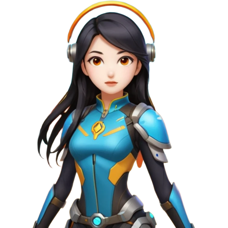 emojis.com an-asian-girl-with-dark-long-hair-and-dark-eyes,-wearing-futuristic-clothes-like-mercy-from-overwatch,-has-her-wings.-on-the-background-is-nebula-of-yellow,-orange,-red-and-turquoise-colours.-she's emoji