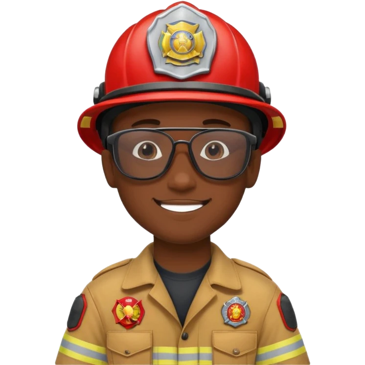 Young, male, dark skin, wearing sunglasses, firefighter uniform, happy emoji
