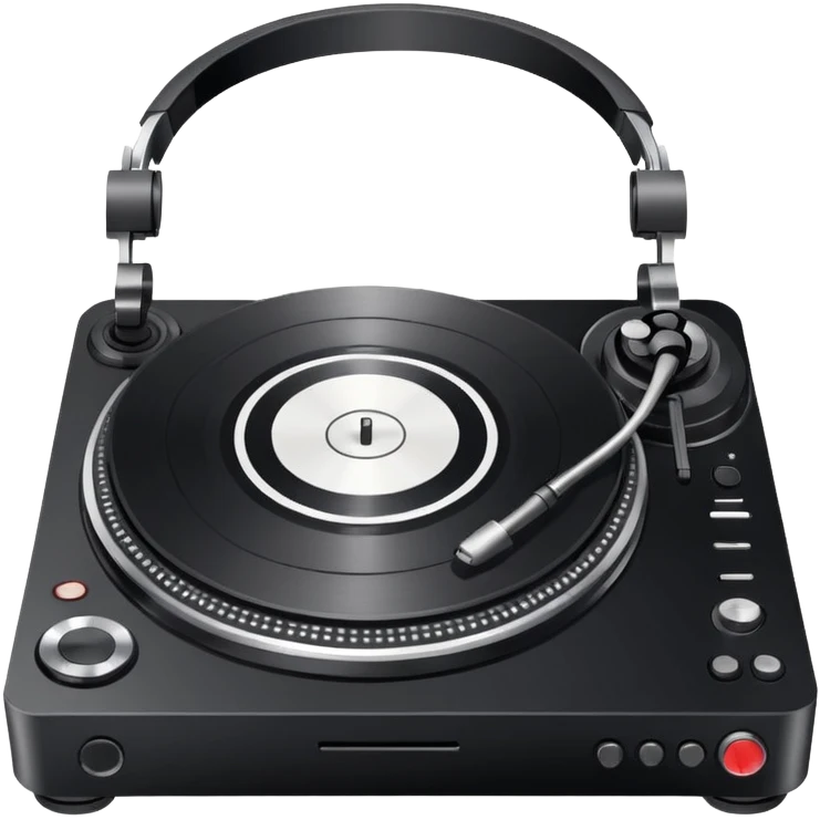 Minimalistic flat vector icon, iOS style, thin black contour on white background. DJ turntable with headphones. No text, no shadows. emoji
