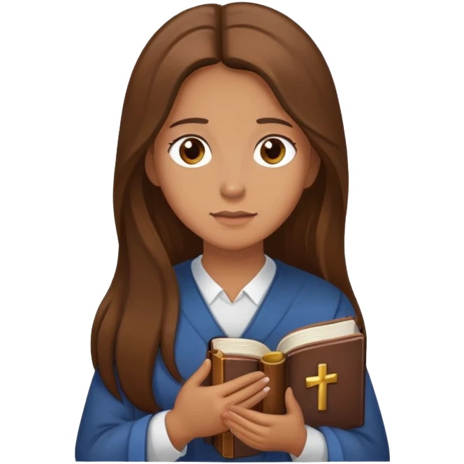 Women with longe brown hair, hazel eyes and a bible in her hands. The women has been praying.  emoji