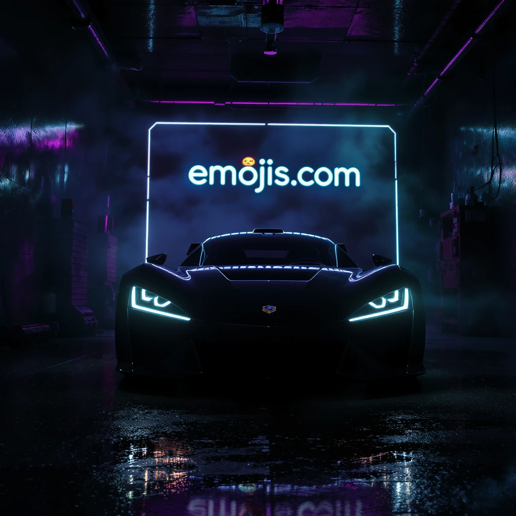 Cinematic still of a futuristic car parked front to camera inside neon garage with led behind saying "emojis.com", room fill with haze, very detailed and futuristic ,inspired by cyberpunk 2077 emoji