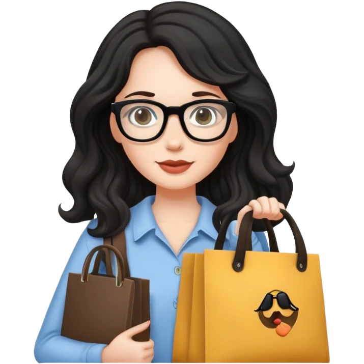 A white girl with black wavy long hair, wearing Wearing glasses and Crossing a tote bag emoji
