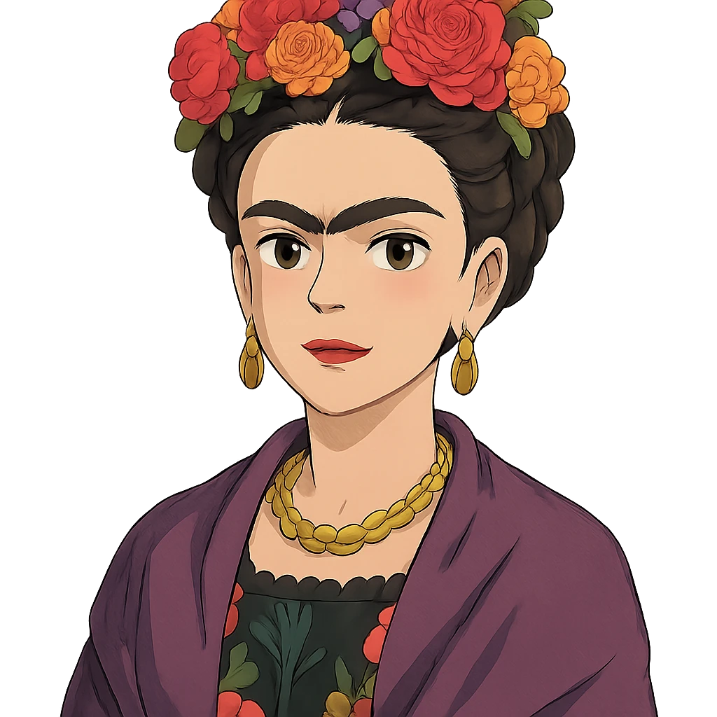 Ghibli style portrait of Frida Kahlo with vibrant colors and floral headpiece emoji