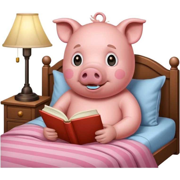 pig reading in bed with retro light lamp next to it emoji
