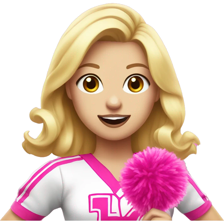 blonde cheerleader wearing pink uniform holding pink pompoms, pink bubblegum on mouth emoji