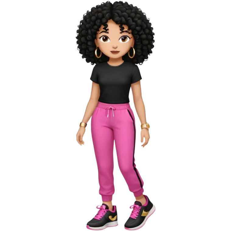 Black woman, adult, 4C black curly hair, dark brown eyes, wearing black top, pink pants, black sneakers, gold hoop earrings mostrando os músculos  emoji