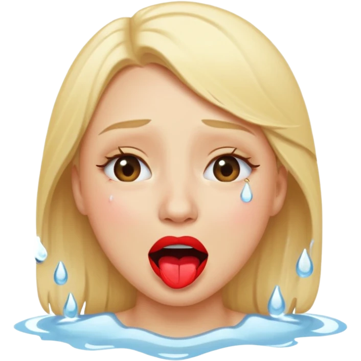 blonde having crying emoji tears (water-emoji) from hard laughter. really happy in general, happy eyes and open mouth. red lipstick emoji