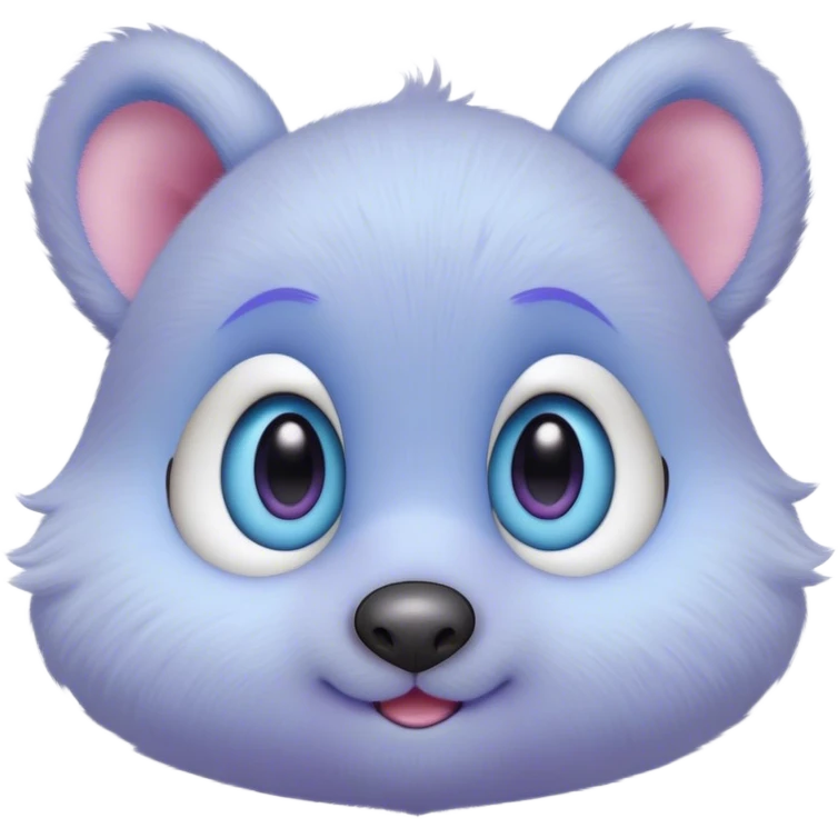 A creature with pastel purple fur and large pixar blue eyes and very small ears like a teddy bear. The nose is just a very small pink oval. The base around the eyes, eyebrows, nose and mouth is white, blushing. emoji