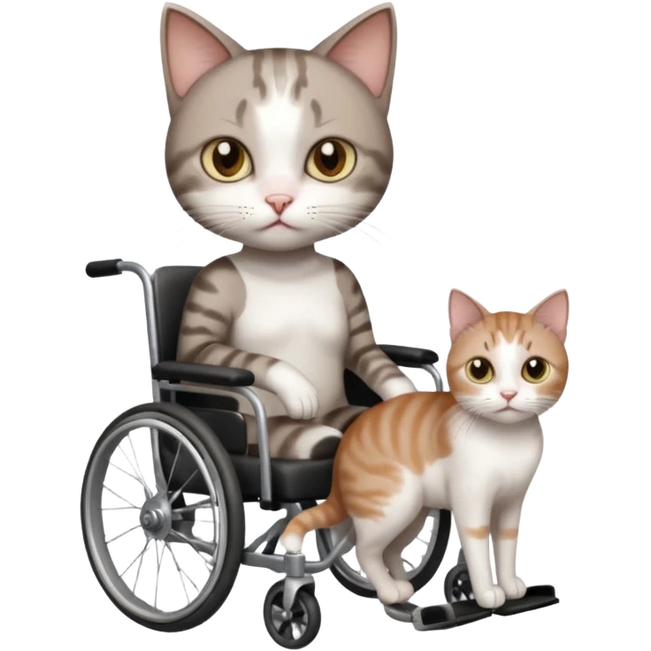 full body small short hair dark brown and white cat with hazel eyes walking in a wheelchair for cats emoji