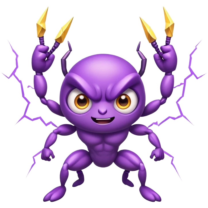 cute purple bug with big expressive eyes, strong muscular arms, a fun happy expression, and electric lightning bolt arms emoji
