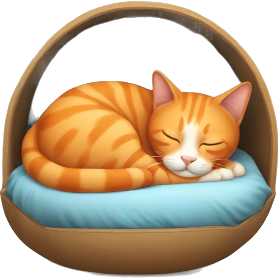 An orange cat sleeping in a ball in a bed with its owner emoji