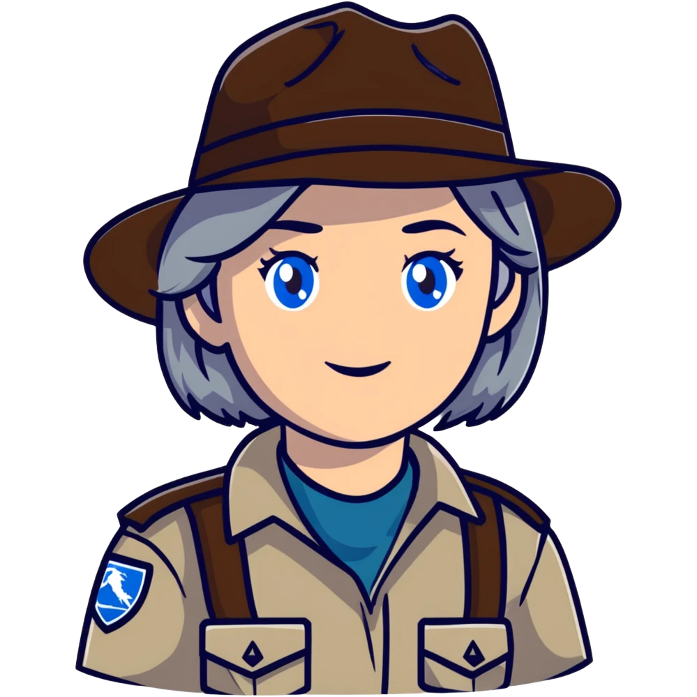 white woman park ranger with blue eyes and brown and gray hair emoji