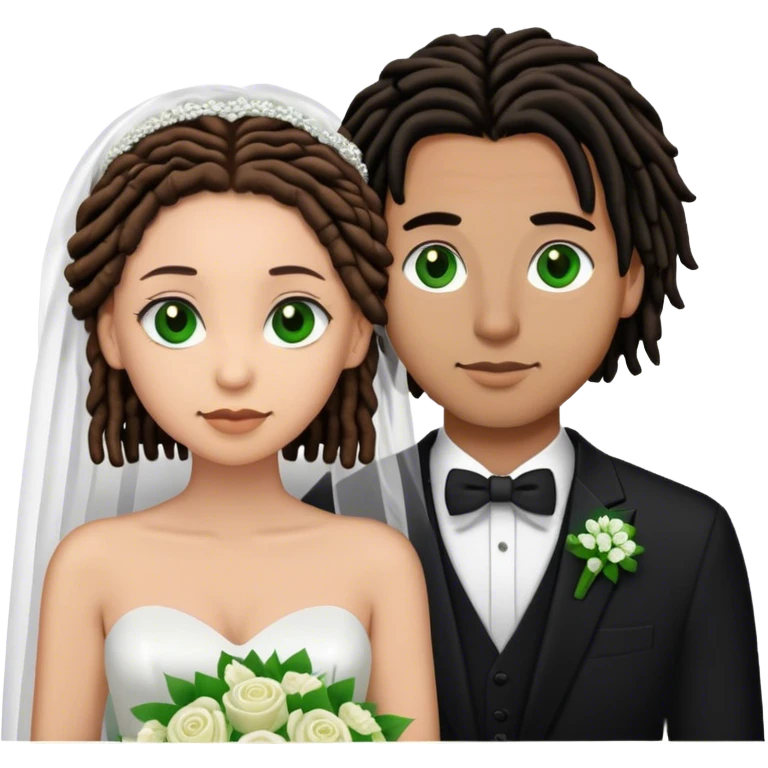 Couple lightskinned man with short, brown dreads and green eyes. light skinned woman with black hair and brown eyes getting married emoji